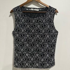 MELANIE LYNE Embroidered Sequins Black Sleeveless Party Holiday Top Size M